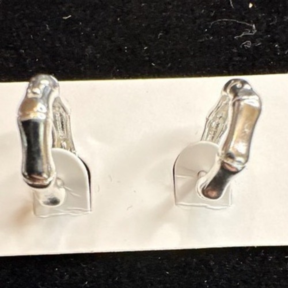 18k White Gold Filled Bamboo Huggie Hoop Earrings Silver‎ Tone Textured Small